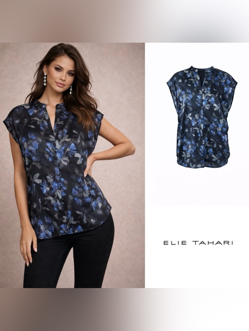 NEW Elie Tahari Navy and Black Floral Blouse